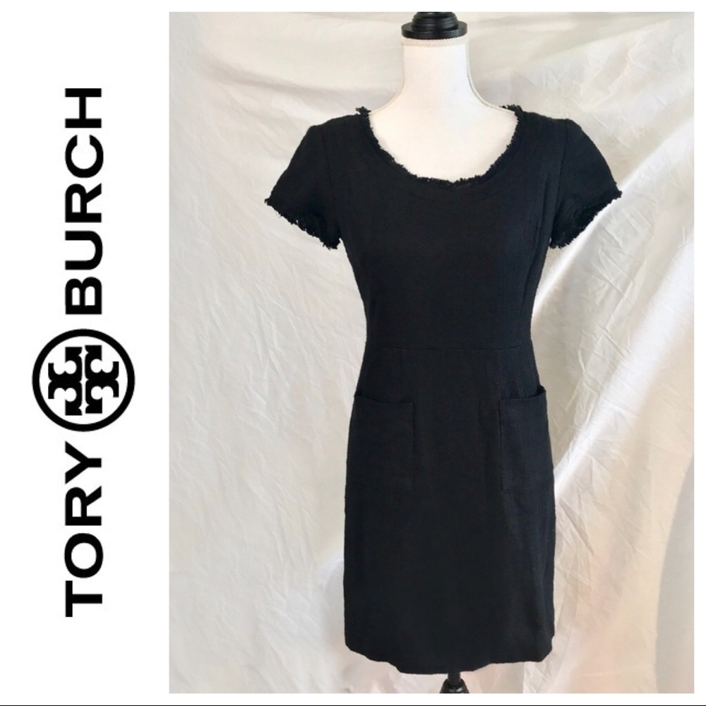 Tory Burch Black Tweed Fringe Pocket Dress